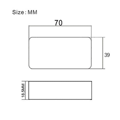 Technical dimension diagram of a rounded rectangular product, labeled 'Size : MM', with top and side views showing measurements 70, 39, and 18.5MM on a white background.