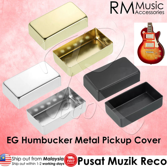 Six rectangular metal humbucker pickup covers in gold, silver, and black, shown open against a pink background with RM Music Accessories branding and a small guitar inset.