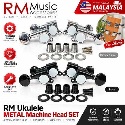 RM Ukulele Metal Machine Head SET Tuning Pegs 4 String Metal Tuners SET 4PCS Set 2R+2L Chrome / Black
