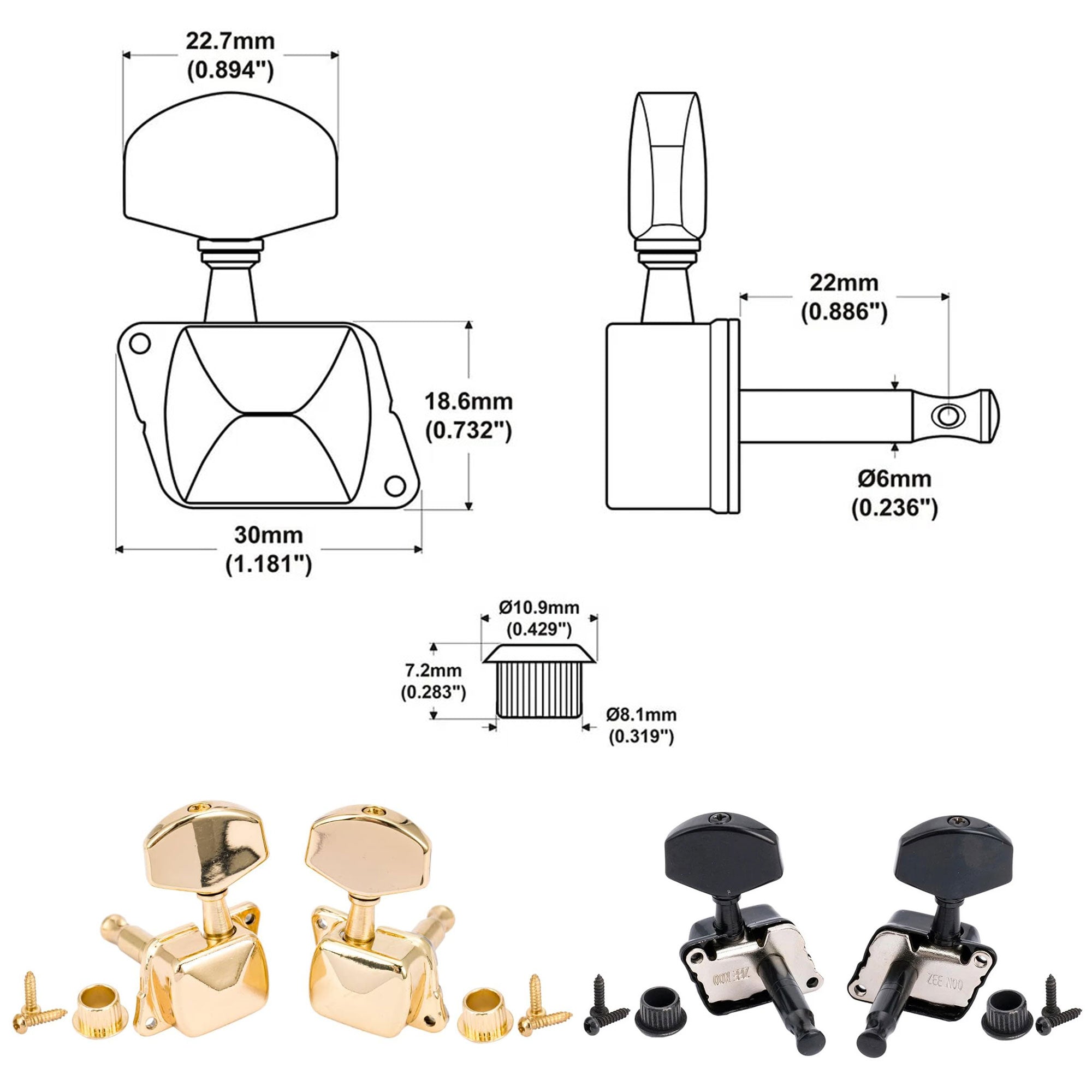 Guitar tuning pegs with dimensions and additional components on a white background - Reco Music Malaysia