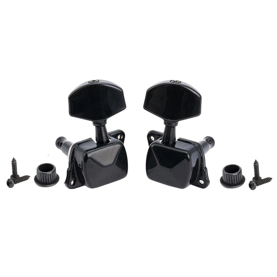 Pair of black guitar tuners with screws on a white background - Reco Music Malaysia