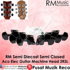 Guitar machine heads with RM Music Accessories branding on a pink background