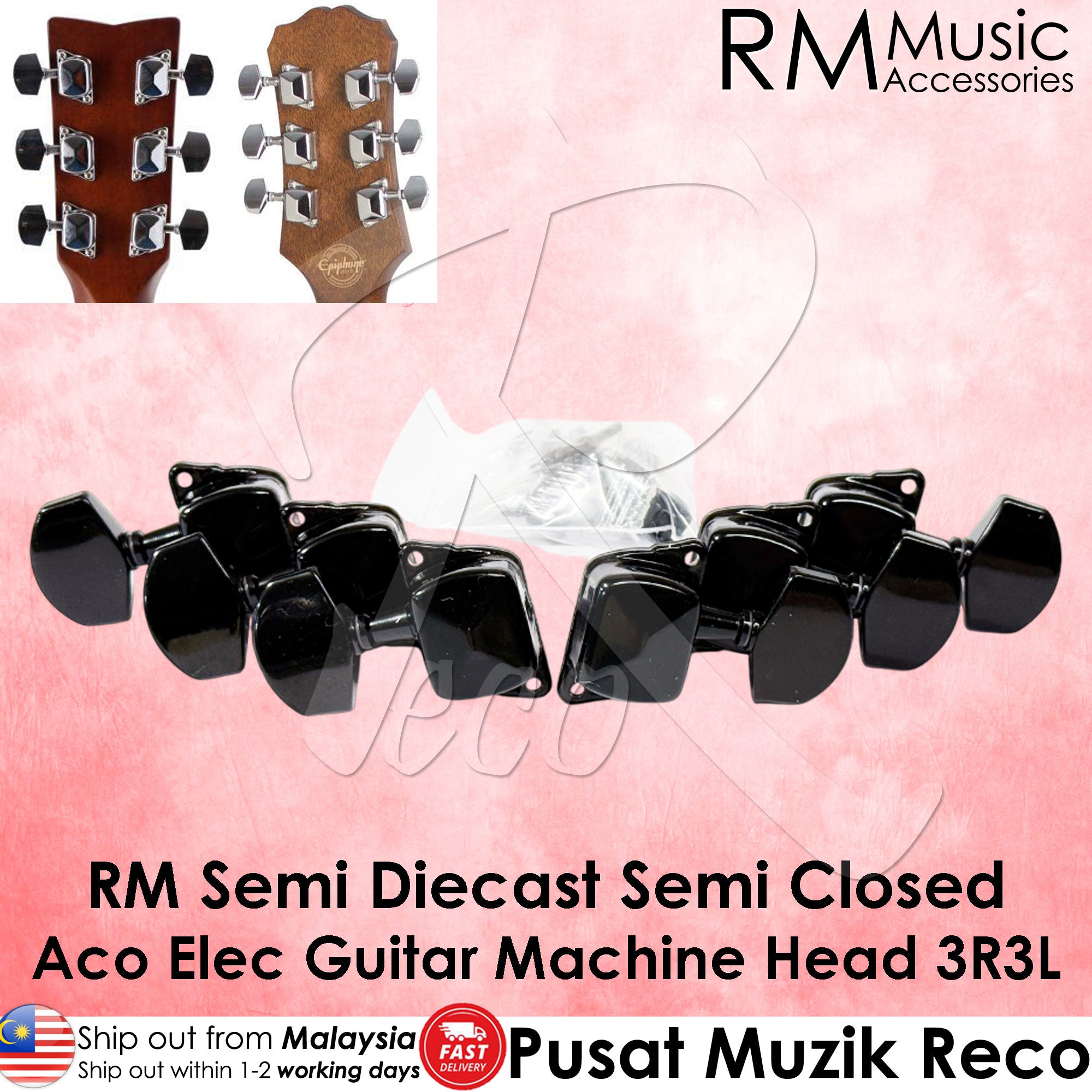 Guitar machine heads with RM Music Accessories branding on a pink background