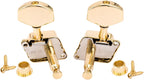 Pair of gold guitar tuners with screws and washers on a white background