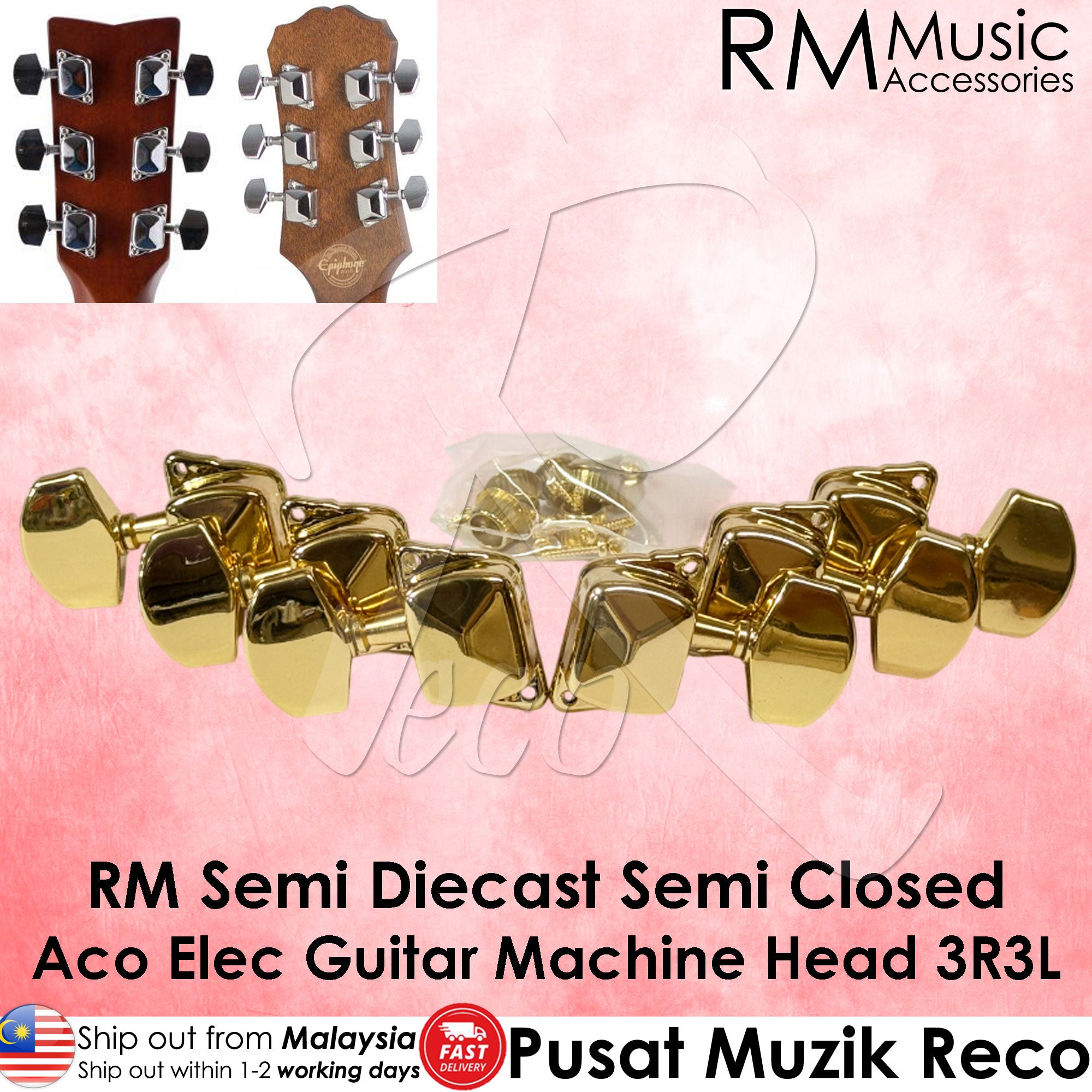 Gold guitar machine heads with RM Music Accessories branding on a pink background