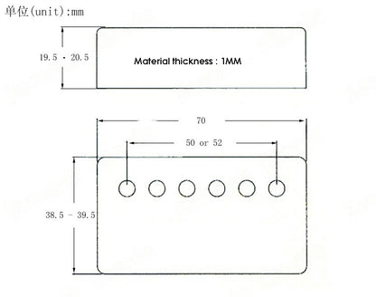 Technical dimension drawing of a rectangular metal component with rounded corners, showing front and back views with measurements in millimeters. The top view includes six circular holes across the front edge and text stating 'Material thickness : 1MM'.