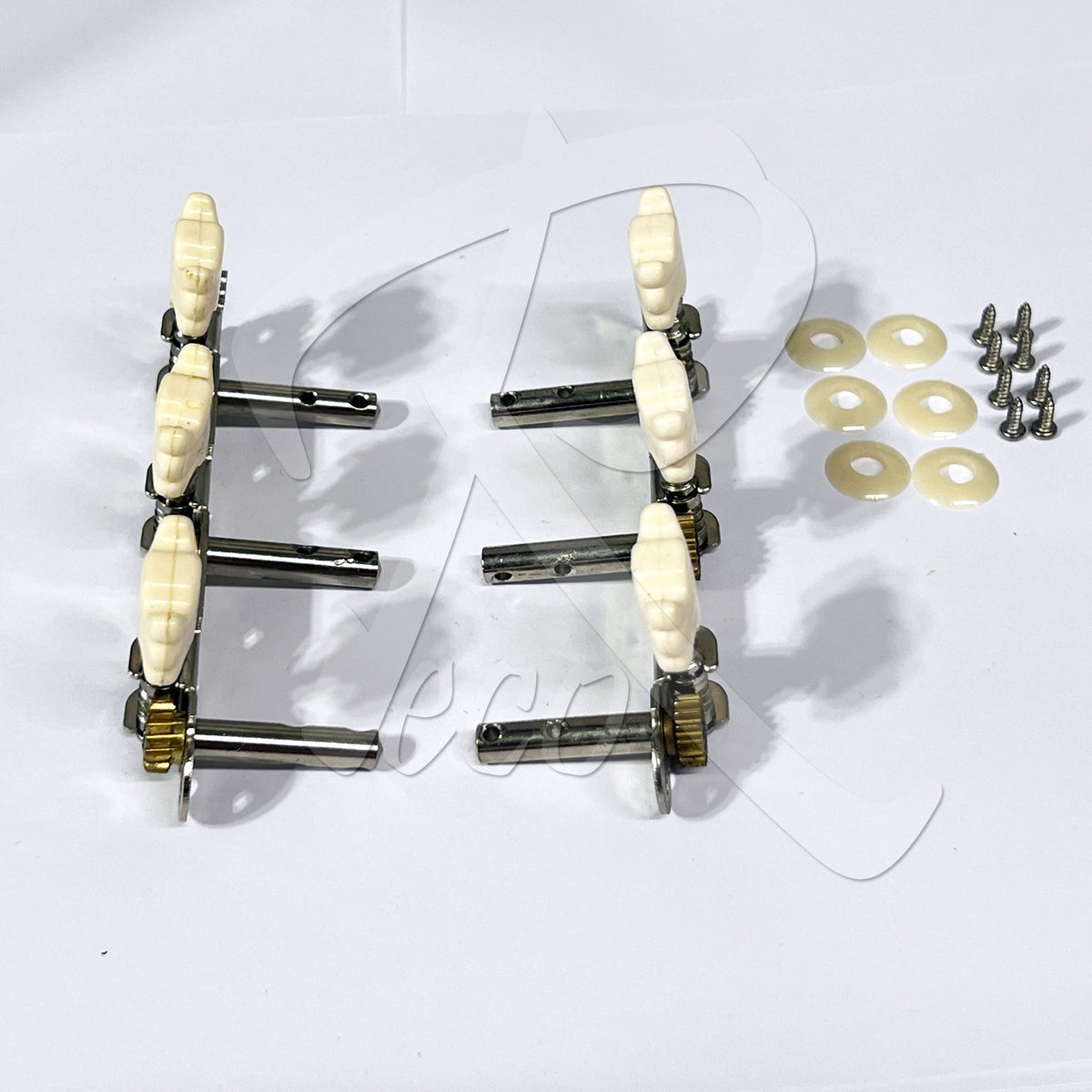 A set of six guitar tailpiece hardware components with cream-colored plastic knobs, silver metal rods, and gold-toned gears, shown alongside six matching screws and six circular washers on a white background.