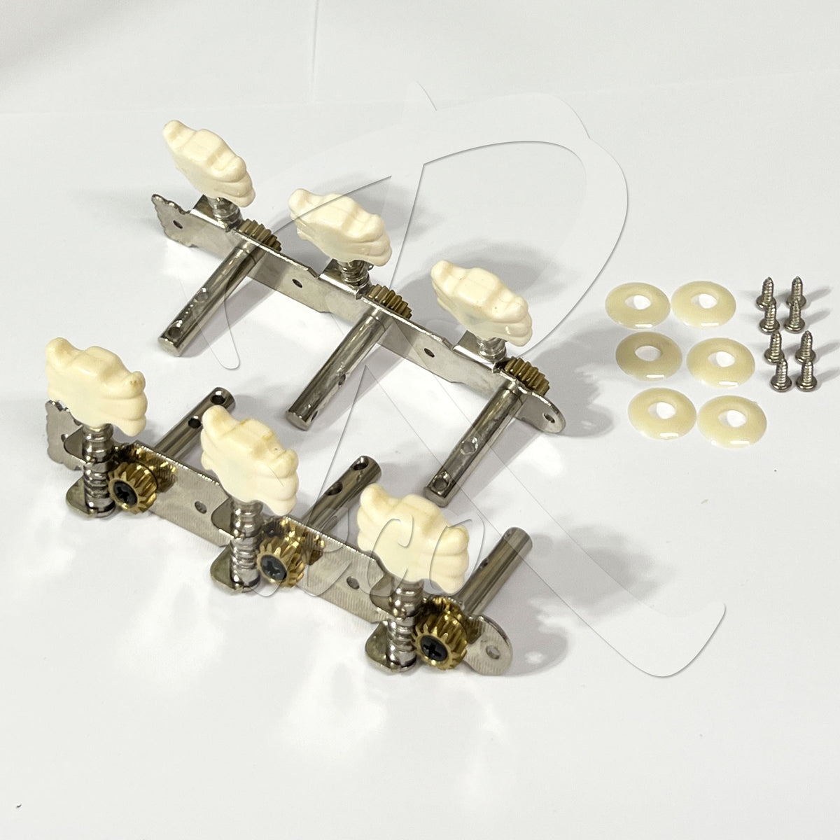 Four metal guitar tailpiece assemblies with cream-colored bone-style knobs, shown with matching screws and four circular washers on a white background.
