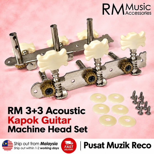 RM Music Accessories RM 3+3 Acoustic Kapok Guitar Machine Head Set, featuring two metal headstock machines with cream-colored Kapok knobs, screws, washers, and a pink background with promotional text.