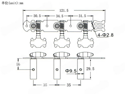 Technical dimension drawing of a mechanical component with three circular spring-loaded elements and mounting details, labeled in millimeters on a white background.