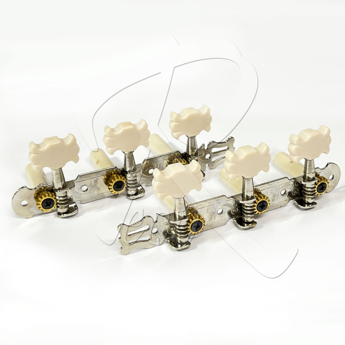Four guitar tailpiece hardware sets with cream-colored plastic knobs and gold-toned gears on a white background.