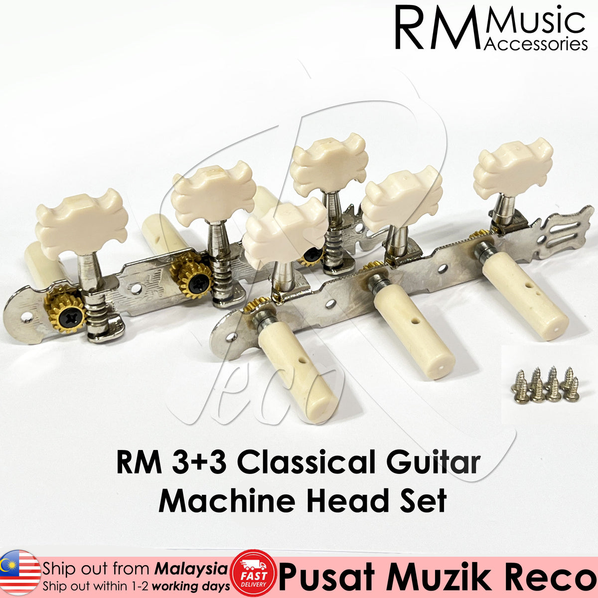 RM 3+3 Classical Guitar Machine Head Set by RM Music Accessories, featuring silver metal hardware, cream-colored plastic tuners, and small silver mounting screws on a white background.