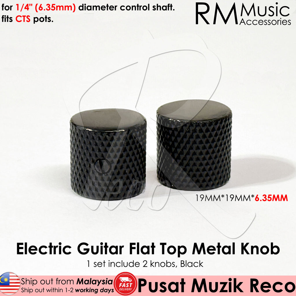 Set of flat top metal knobs for electric guitars, available in chrome, gold, and black colors, with the brand name RM visible.