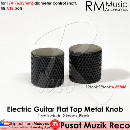 Set of flat top metal knobs for electric guitars, available in chrome, gold, and black colors, with the brand name RM visible.