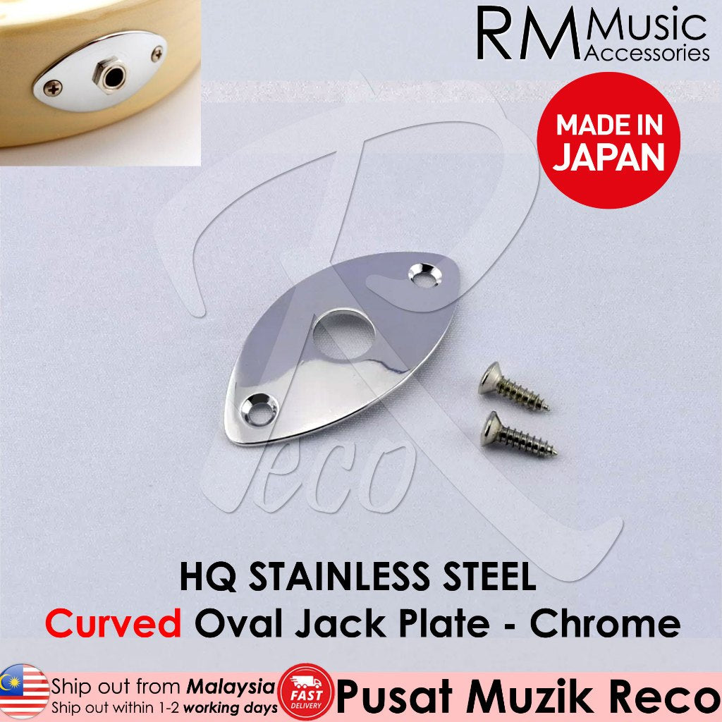 A collection of stainless steel guitar jack plates in different shapes, including flat square and curved oval, designed for electric guitars or basses.