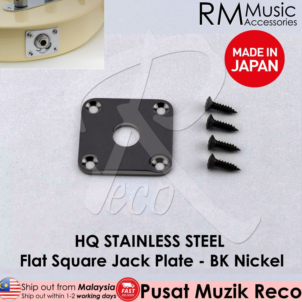 A collection of stainless steel guitar jack plates in different shapes, including flat square and curved oval, designed for electric guitars or basses.