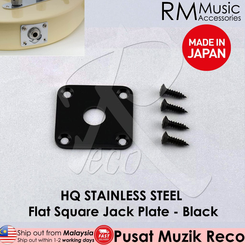 A collection of stainless steel guitar jack plates in different shapes, including flat square and curved oval, designed for electric guitars or basses.