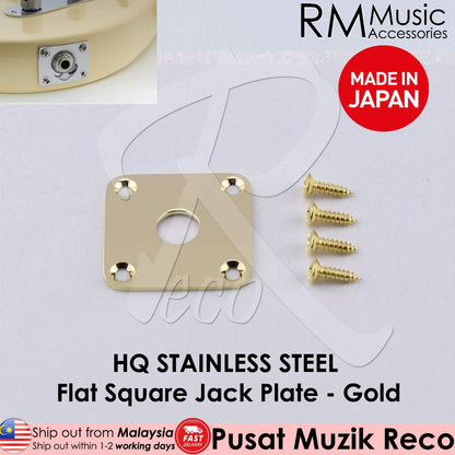 A collection of stainless steel guitar jack plates in different shapes, including flat square and curved oval, designed for electric guitars or basses.