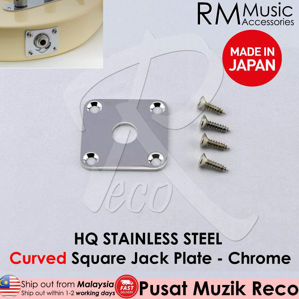 A collection of stainless steel guitar jack plates in different shapes, including flat square and curved oval, designed for electric guitars or basses.