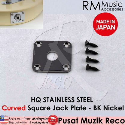 A collection of stainless steel guitar jack plates in different shapes, including flat square and curved oval, designed for electric guitars or basses.