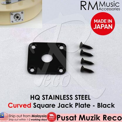 A collection of stainless steel guitar jack plates in different shapes, including flat square and curved oval, designed for electric guitars or basses.