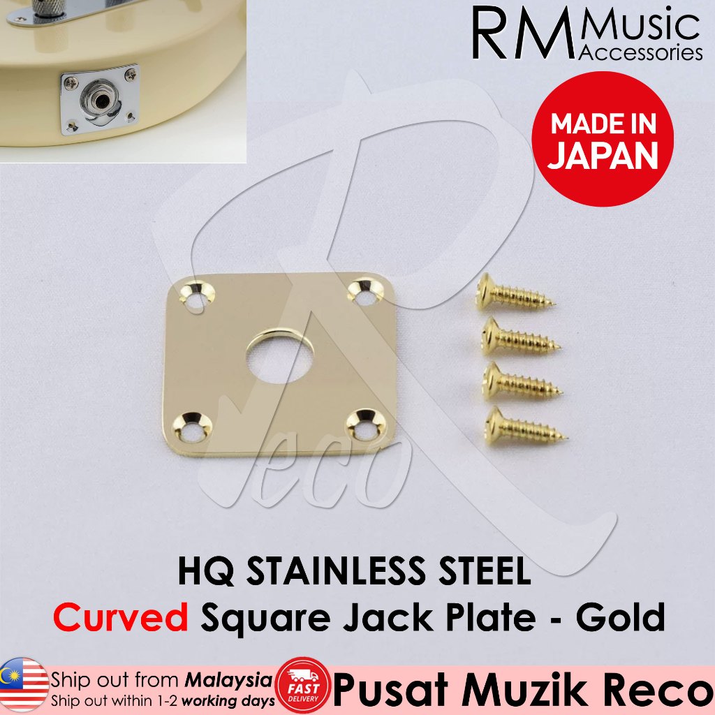 A collection of stainless steel guitar jack plates in different shapes, including flat square and curved oval, designed for electric guitars or basses.