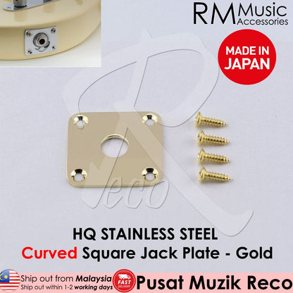 A collection of stainless steel guitar jack plates in different shapes, including flat square and curved oval, designed for electric guitars or basses.
