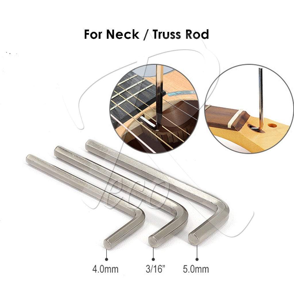 Three silver metal neck and truss rod hex keys labeled 4.0mm, 3/16", and 5.