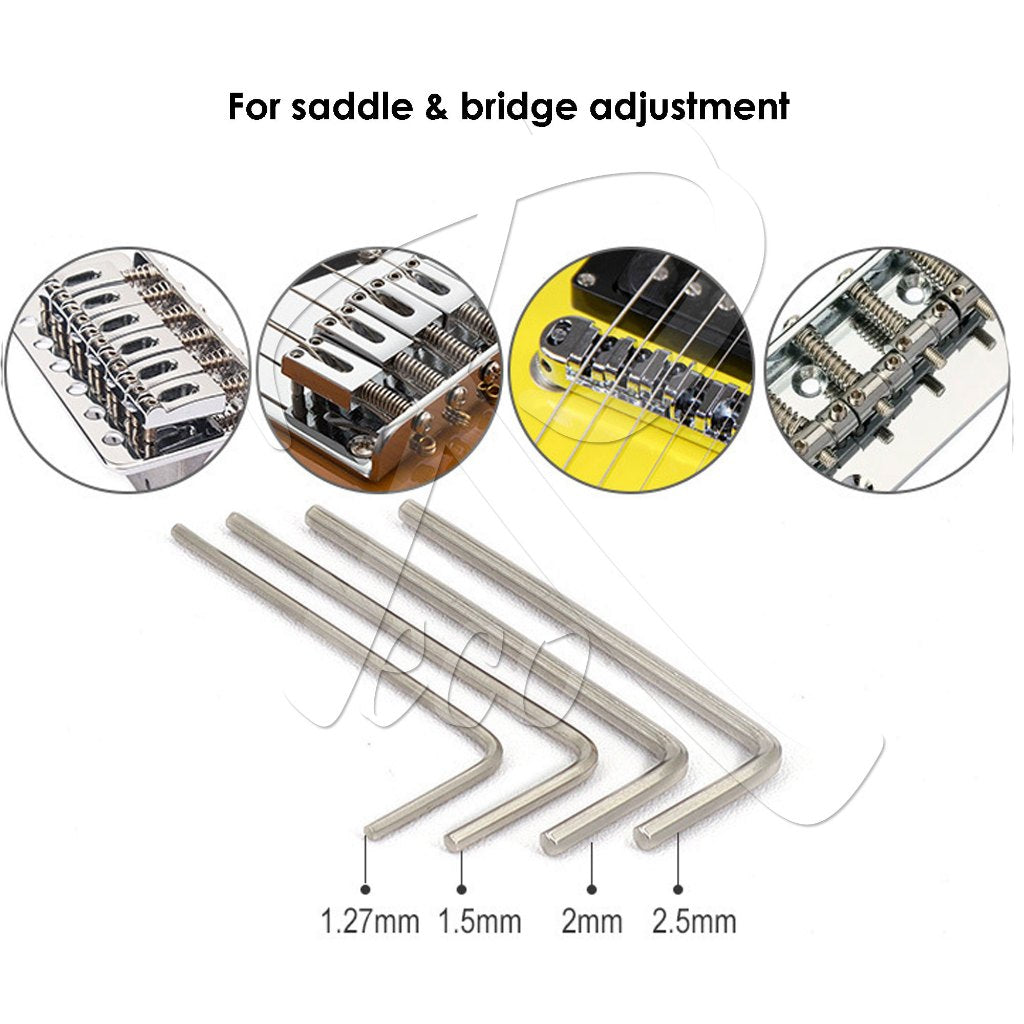 Four silver metal hex wrenches for guitar saddle and bridge adjustment, shown with size labels 1.27mm, 1.