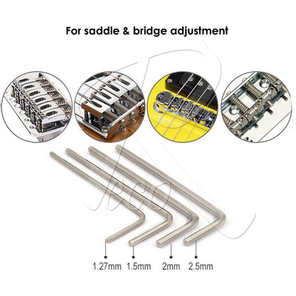 Four silver metal hex wrenches for guitar saddle and bridge adjustment, shown with size labels 1.27mm, 1.