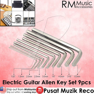 RM Music Accessories electric guitar Allen key set of 9 pieces, displayed in a diagonal stack on a pink background with size labels from 1/2" to 5.0mm.