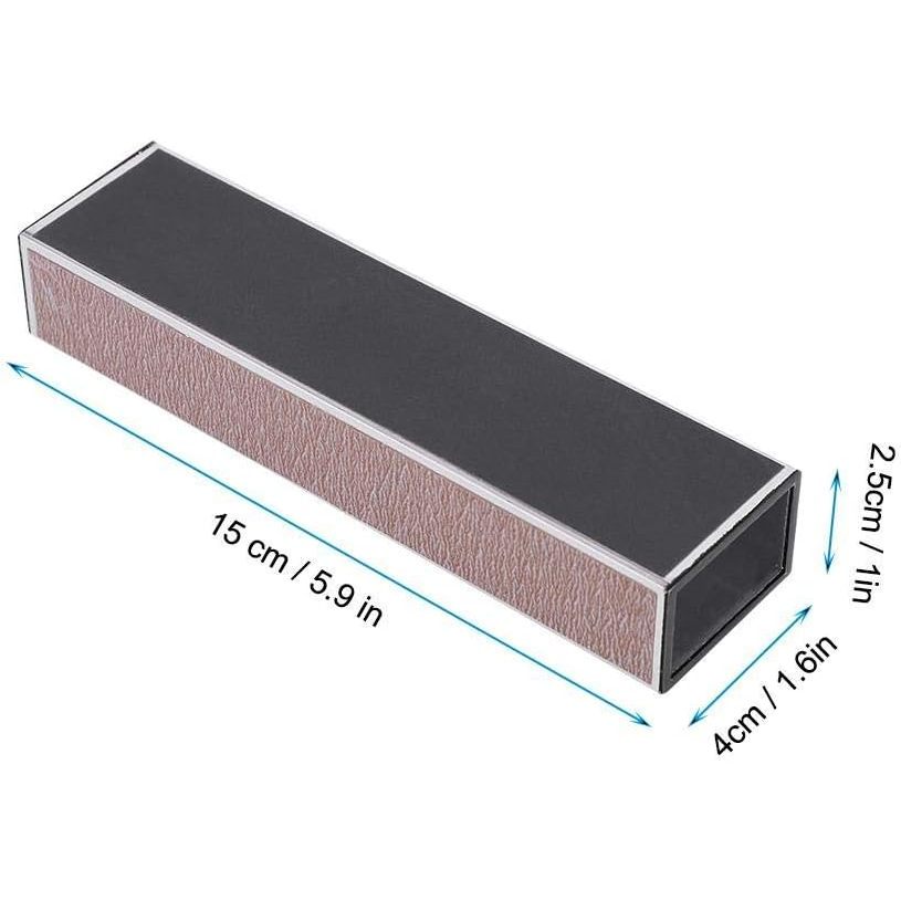 A rectangular sharpening stone or file with a dark gray top surface and a textured brown abrasive side, shown with teal dimension lines and labels indicating 15 cm length, 4 cm width, and 2.5 cm depth.