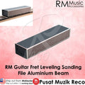 A long rectangular metal guitar fret leveling sanding file beam by RM Music Accessories, shown on a pink background with product text and a small inset of the item mounted on a guitar string tree.