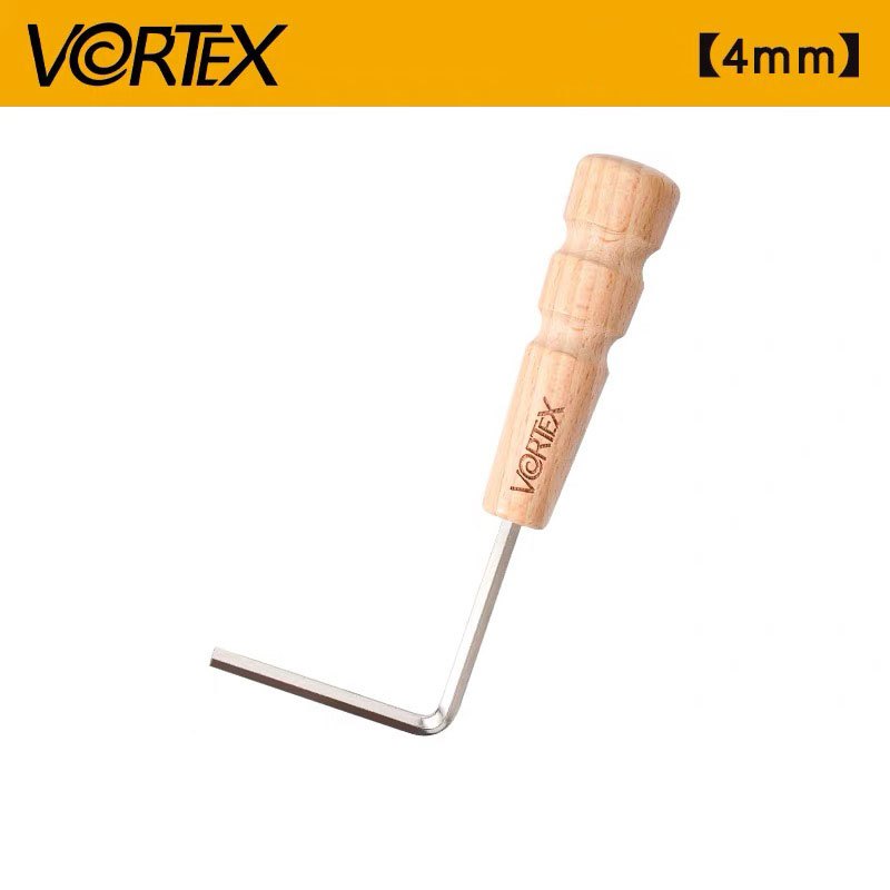 A 4mm Vortex hex key tool with a light wood handle and silver metal shaft, shown on a white background with a yellow Vortex brand banner at the top.