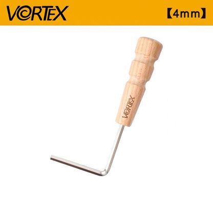 A 4mm Vortex hex key tool with a light wood handle and silver metal shaft, shown on a white background with a yellow Vortex brand banner at the top.