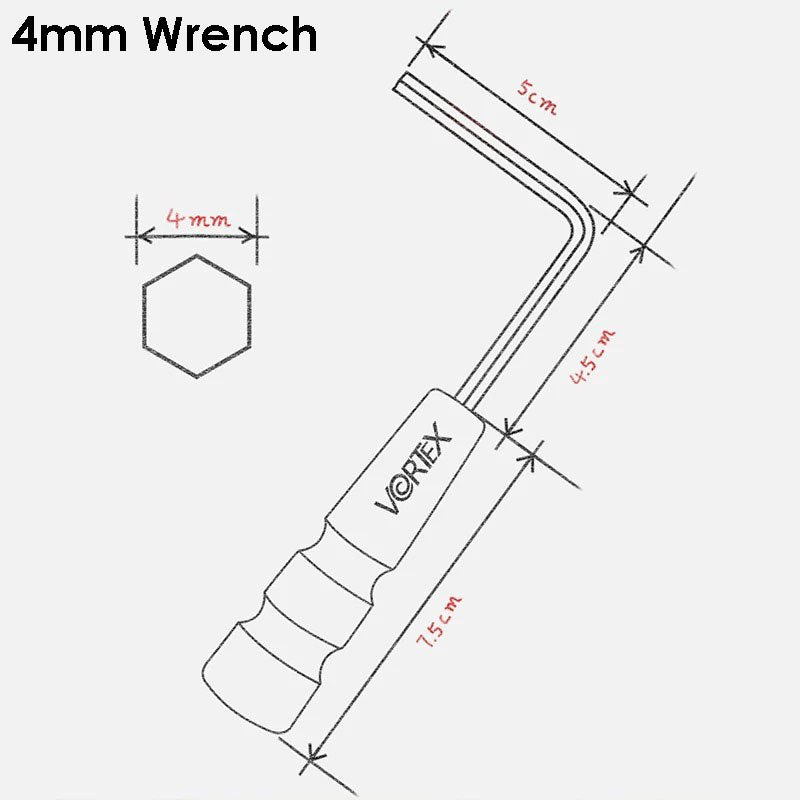 A technical line drawing of a 4mm wrench with labeled dimensions and a hexagon cross-section inset, on a light gray background. The handle shows the VORTEX brand.