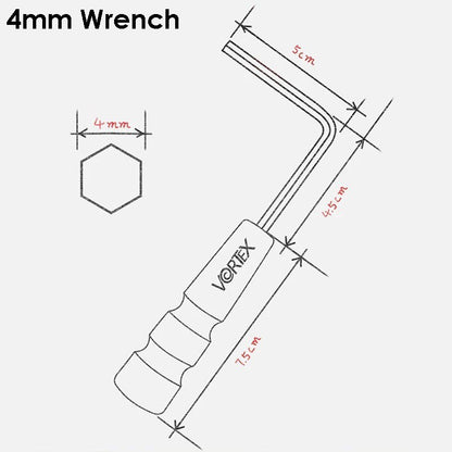 A technical line drawing of a 4mm wrench with labeled dimensions and a hexagon cross-section inset, on a light gray background. The handle shows the VORTEX brand.