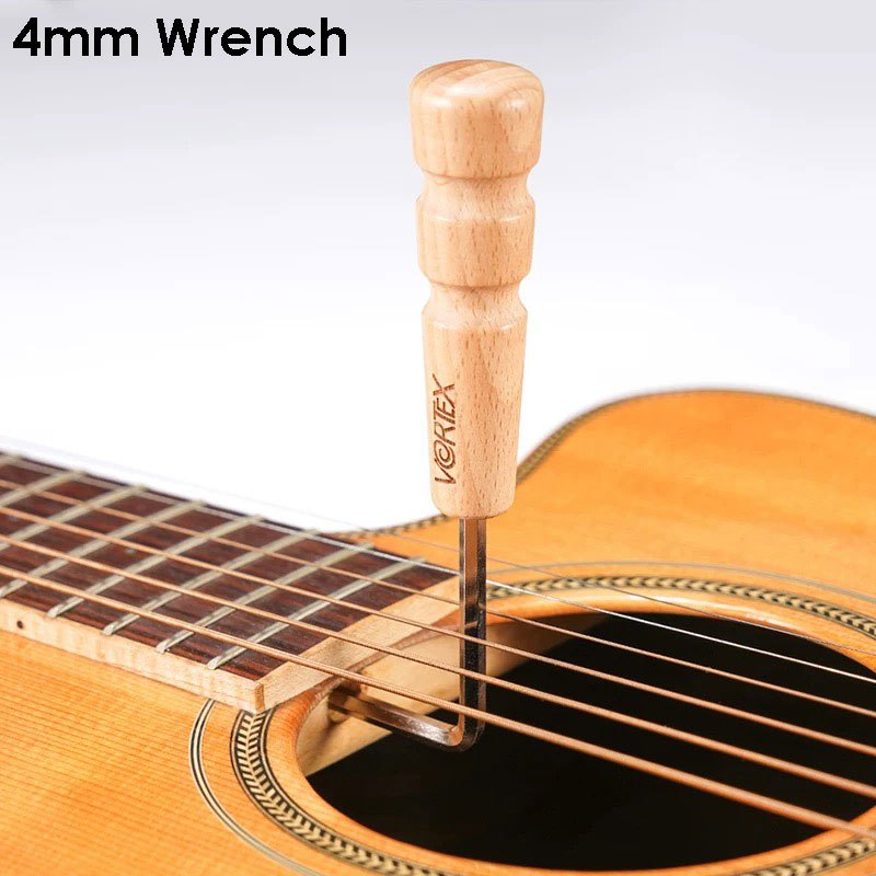 A wooden 4mm wrench with a natural wood handle and metal shaft, shown inserted into the sound hole of an acoustic guitar. The brand name 'XAVEX' is engraved on the handle.