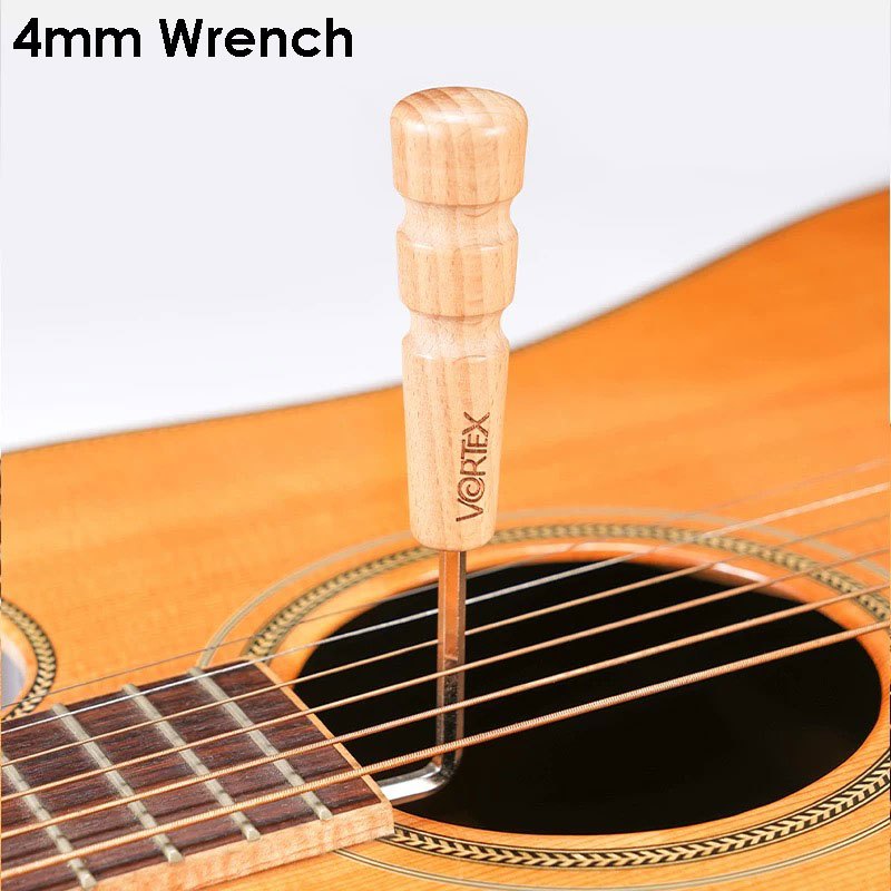 A 4mm wooden guitar wrench with a natural wood handle and metal shaft, shown inserted into the sound hole of an acoustic guitar. The brand name 'VORTEX' is printed vertically on the handle.
