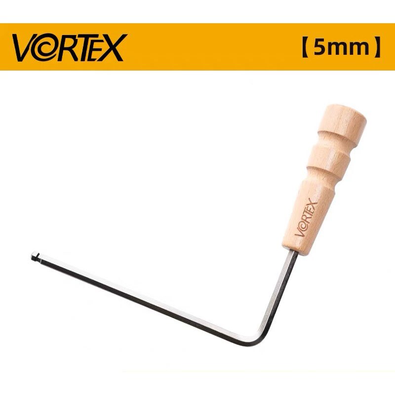 A 5mm hex key with a light wood handle and black metal shaft, shown on a white background with a yellow Vortex brand banner at the top.
