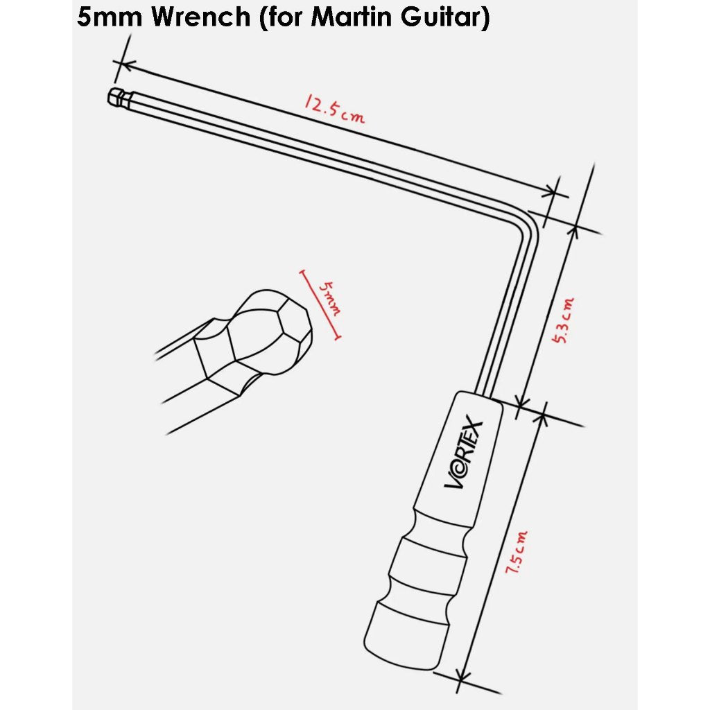 Technical line drawing of a 5mm wrench for Martin guitar, showing the handle, shaft, and tip dimensions with red measurement labels on a light gray background.