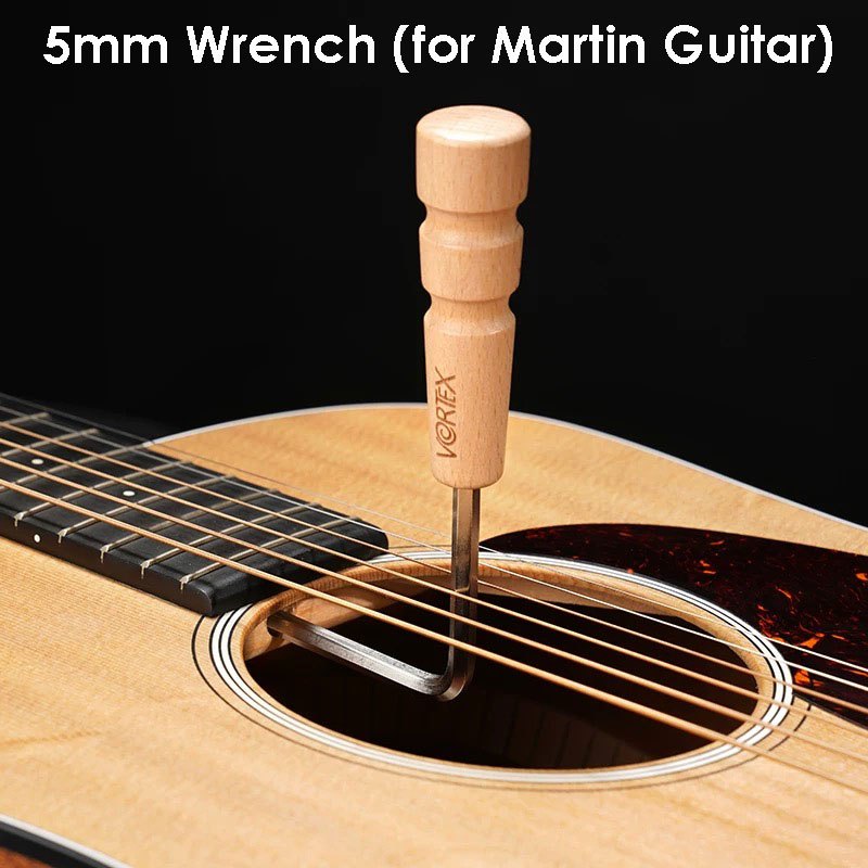 A 5mm wooden guitar wrench with a turned wood handle and metal shaft inserted into the sound hole of an acoustic guitar, shown against a black background with white text reading '5mm Wrench (for Martin Guitar)'.