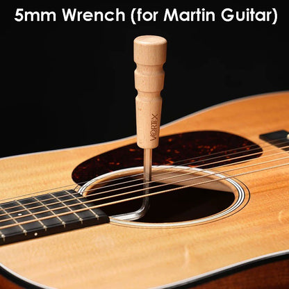 A 5mm wrench for Martin guitar, featuring a light natural wood handle and a silver metal shaft, shown inserted into the sound hole of an acoustic guitar. The brand name 'VERTEX' is printed on the handle.