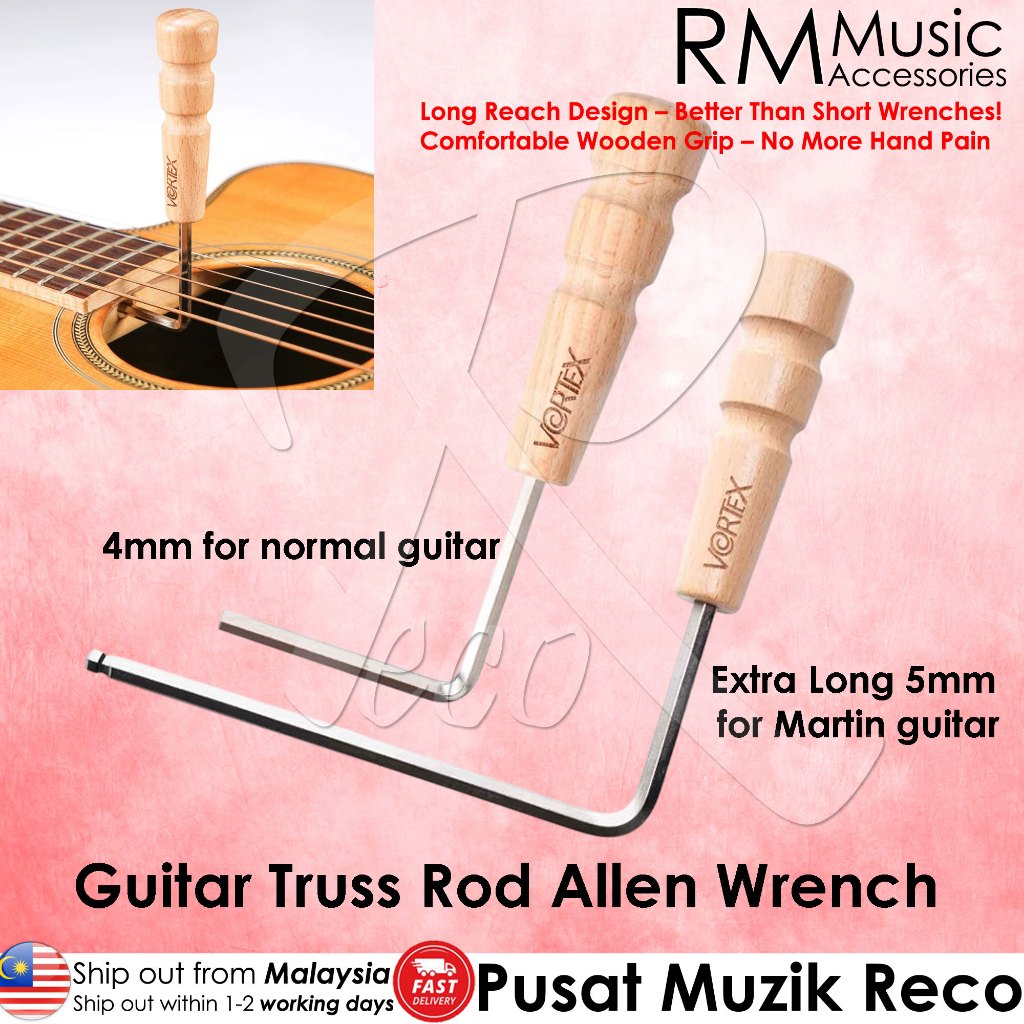 RM Music Accessories Vortex brand guitar truss rod Allen wrenches shown on a pink background with text indicating 4mm for normal guitar and 5mm for Martin guitar, plus a small inset of the tool on a guitar headstock.