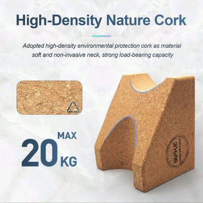 High-density nature cork support block with a textured natural cork surface, shown alongside a close-up texture swatch and marketing text emphasizing its 20 kg load-bearing capacity.