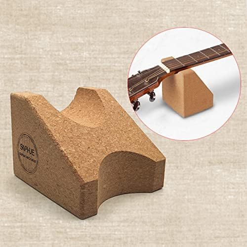 Cork guitar neck rest on a beige background with an inset showing its use on a guitar.
