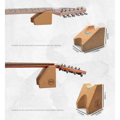 Cork guitar stand shown with two guitar headstocks demonstrating use, plus three dimension callouts for different instrument widths. The image is not a plain product hero shot because the main purpose is to communicate size suitability, so subject_type is Measurement Chart.