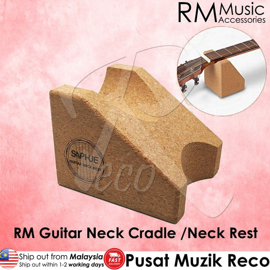A cork guitar neck cradle shown on a pink background, with a small inset showing part of a guitar neck resting on it. Text includes RM Music Accessories branding and Malay text describing the product.