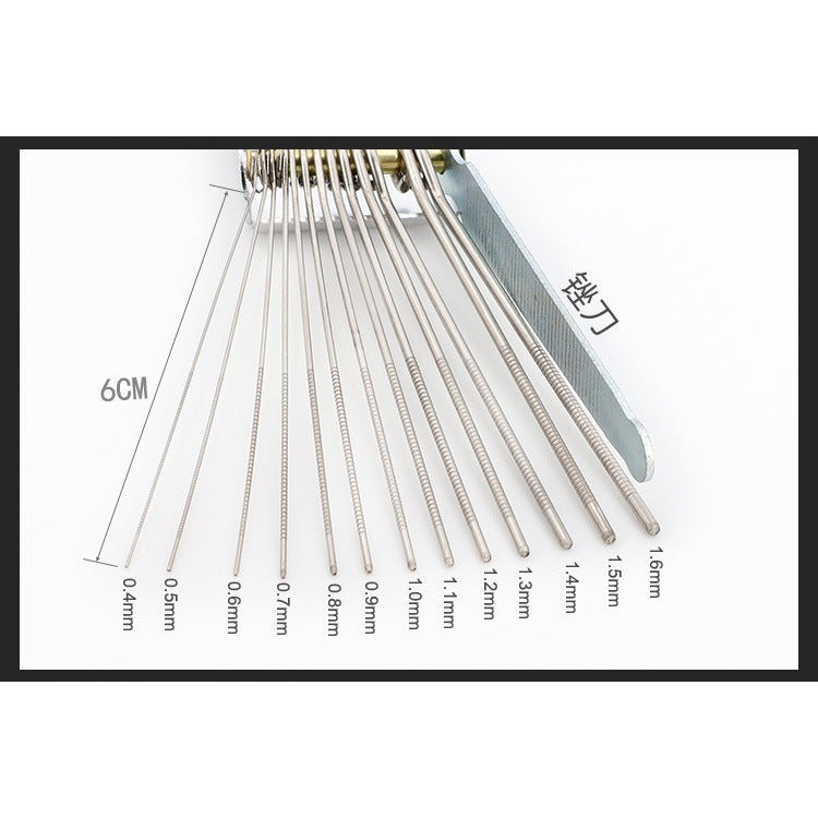 A set of stainless steel lock pick needles in varying diameters (0.4mm to 1.