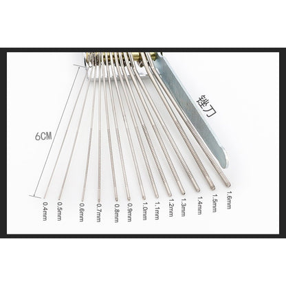 A set of stainless steel lock pick needles in varying diameters (0.4mm to 1.